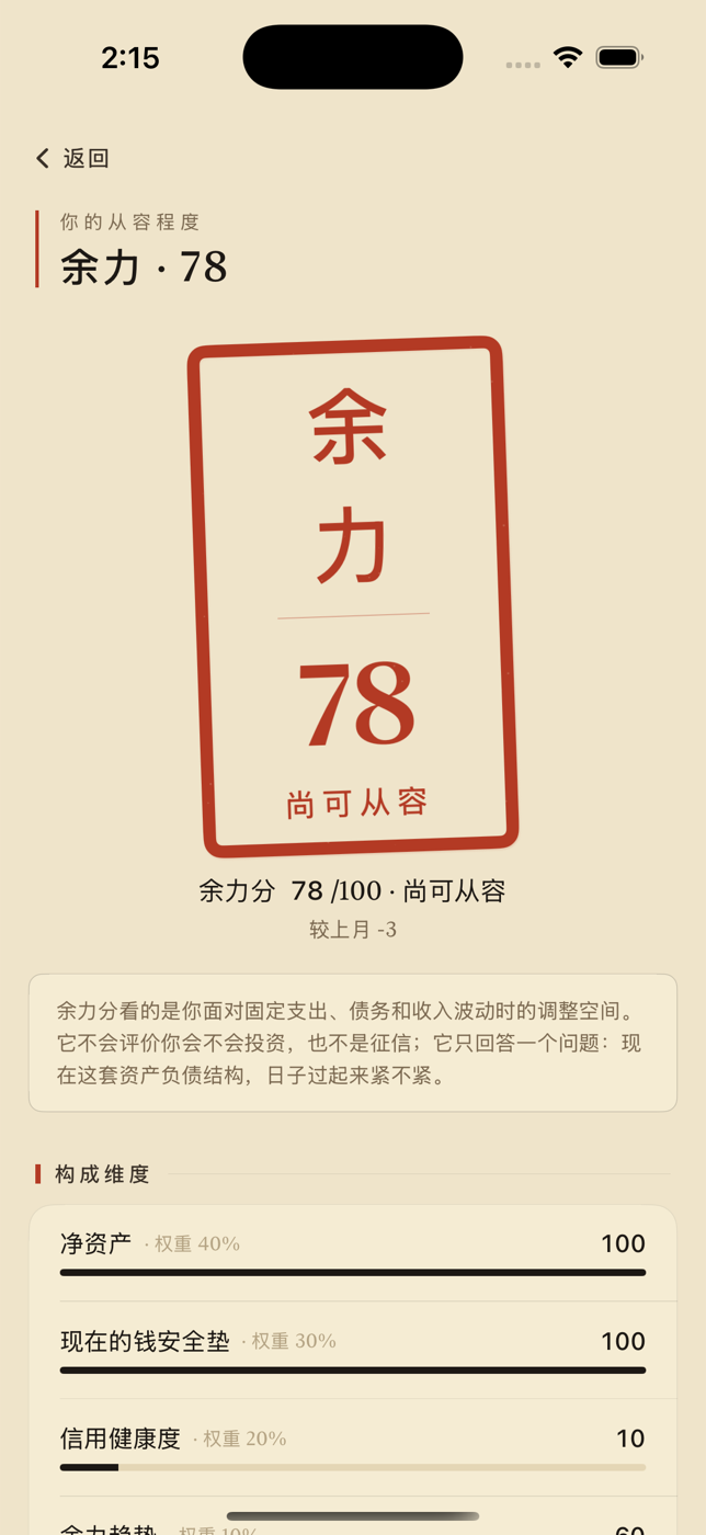 余力详情展示构成维度